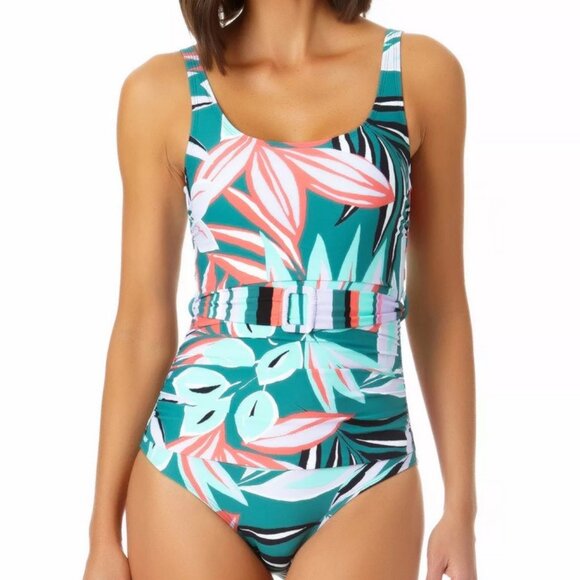 Anne Cole Plus Size Zesty Tropical Belted Scoop-Neck One-Piece Swimsuit - Picture 1 of 12